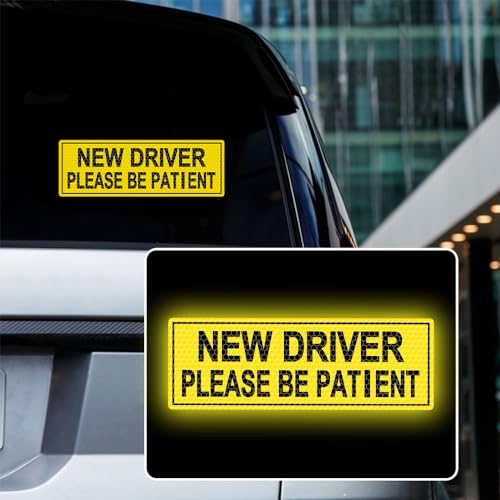 2pcs High Intensity Reflective New Driver Car Sticker Waterproof Student Driver Please Be Patient Decal for Car Window Bumper Reflective Night Safety Warning Decal (Yellow) - color: Yellow