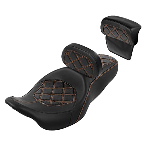 C.C. RIDER Classic Seat Backrest Pad - Driver Seat Rider Sissy Bar Passenger Backrest Pad Kit fit for Harley Davidson Touring Road King Street Glide Electra Glide Road Glide 2014-2023 - color: Seat + Driver + Passenger Sissy Bar Black Orange