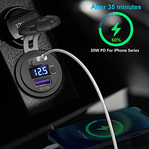 Qidoe 2 Pack PD3.0 20W and QC3.0 18W USB C Car Charger With LED Voltmeter and ON/Off Switch for Boat, RV, Truck, Golf Cart, Motorcycle