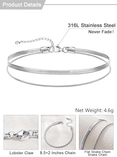 U7 Silver/Gold Ankle Bracelets for Women Layered Chain Anklets Stainless Steel Waterproof Summer Beach Anklet Cham, Adjustable 8.5"-10.5" - color: Silver - Flat Snake Chain+Snake Chain