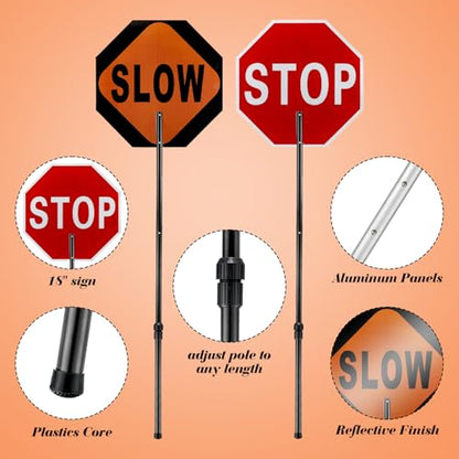 Kanayu 1 Pcs 18x18 Inch Double Sided Stop/Slow Paddle Signs Reflective Stop Slow Sign Flagger with Telescopic Pole Handheld Guard Paddle for Road Traffic Construction - color: Black, size: 18'' Paddle Sign 60" Pole