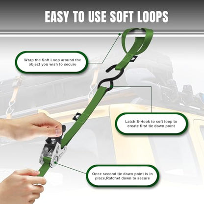 Jack Boss Ratchet Tie Down Straps Set,1500 lbs Break Strength, 1" x 15' Heavy Duty Ratchet Straps with 4X Soft Loops Padded Handles Coated S Hook, Fits for Moving Appliances Motorcycle ATV Truck,Green - color: Green