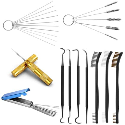 Carburetor Cleaning Kit Includes 7 Nylon Brushes, 23 Needles, 1 Single-Head Brush, 4 Cleaning Hooks, 1 Hexagonal Wrench, 1PC Scraper for Motorcycle ATV Chainsaw Welding Machine Small Engine