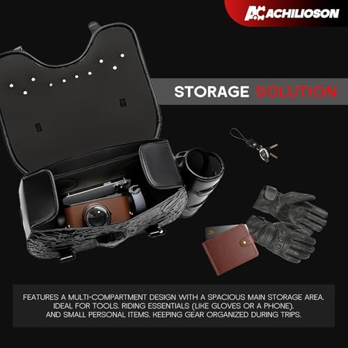 14L Motorcycle Tool Bag 3D Skull Embossed PU Leather Saddlebag with Handlebar Roll Bag, Universal Waterproof Black Motorcycle Side Bags Storage Pouch for Most Motorcycles - style: Skull Pattern Bag Featuring Side Roll-up Pocket