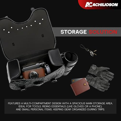 14L Motorcycle Tool Bag 3D Skull Embossed PU Leather Saddlebag with Handlebar Roll Bag, Universal Waterproof Black Motorcycle Side Bags Storage Pouch for Most Motorcycles - style: Skull Pattern Bag Featuring Side Roll-up Pocket