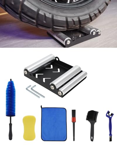 Motorcycle Wheel Cleaning Stand with Cleaning Brush Kit,Universal Roller Paddock for Dirt Street Bike Ebike for Tire Cleaning & Chain Lubrication(Bikes<700 lb & Tire Width<250 mm)(9PCS) - size: 9 Pcs