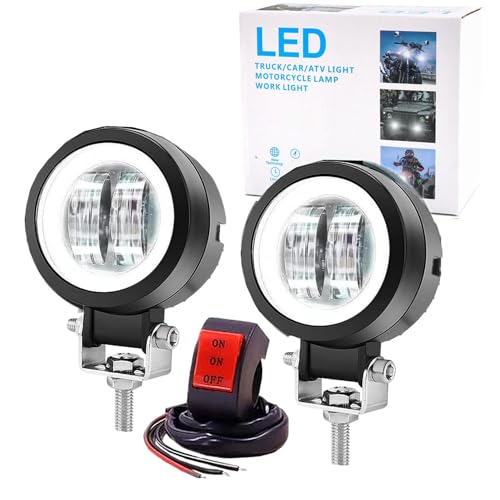 Ourbest Motorcycle Fog Lights with Switch,3inch Motorcycle auxiliary lights, Halo Round led lights, luces exploradoras para moto pair(White Beam with White Ring)