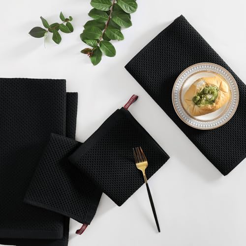 Homaxy 100% Cotton Kitchen Towels and Dishcloths Set, 12 x 12 Inches and 13 x 28 Inches, Set of 12 Bulk Kitchen Towels Set, Ultra Soft Absorbent Dish Cloths for Washing Dishes, Black - color: Black, style: 12-Piece Set