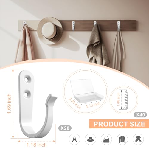 BREYDROK Hook for Hanging - 20PCS Hook for Hanging, Wall Hooks for Coats, Heavy Duty Single Prong Wall Hooks with 40 Pieces Screws (White) - color: 20pcs + White