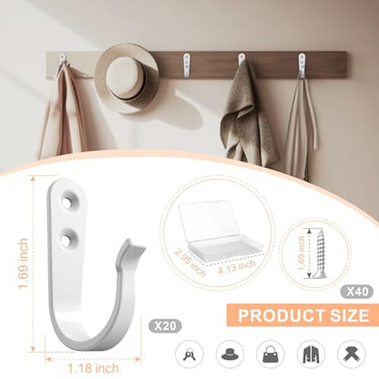 BREYDROK Hook for Hanging - 20PCS Hook for Hanging, Wall Hooks for Coats, Heavy Duty Single Prong Wall Hooks with 40 Pieces Screws (White) - color: 20pcs + White