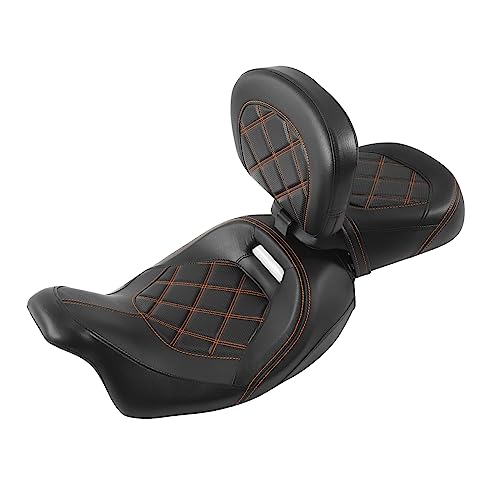TCT-MOTORPARTS Low-Profile Driver Passenger Seat w/Driver Rider Backrest Pad Fits for Harley Touring 2009-2023 Street Glide CVO Road Glide Electra Glide Ultra-Classic Road King Orange Stitching - color: Seat+Driver Backrest Orange