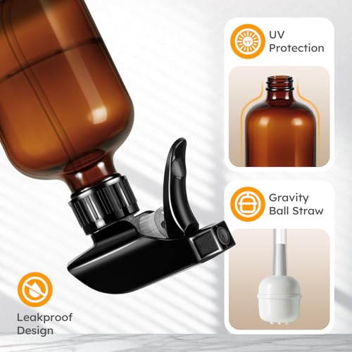 Tecohouse 2 Pack 360° Amber Glass Spray Bottles with Silicone Sleeve, 16 oz Empty Refillable Containers with Adjustable Spray Nozzles, Dark Spray Bottles for Cleaning Solutions, Plants (Black & Brown) - color: Amber, size: 16OZ