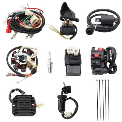 PRO BAT ATV Quad Complete Electrics AC Wire Harness Kit with CG-8 Stator 6-Pin AC CDI ATV Switch Ignition Coil Solenoid Relay Spark Plug for 150cc 200cc 250cc 300cc Zongshen Lifan Black - style: B 8 Pole+ B Ignition Coil+B Rectifier