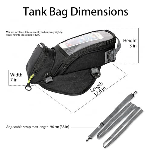 Motorcycle Tank Bag with Phone Holder, Magnetic & Strap Mount Motorcycle Tank Bag for Plastic/Metal Gas Tanks, Waterproof Touchscreen Tank Bag Fits Phones Under 6.3”, Riding Storage Bag