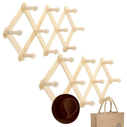 RamPro Accordion Style Wood Expandable Rack Hat, Cap, Belt, Umbrella Coffee Mug Wall wooden Pegs (Set of 2) - style: 2 Pack