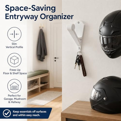 SplashNColor Wall Mount Helmet Hook with Key Holder – Heavy Duty Hanging Rack for Motorcycle Bicycle Hard Hat | Screw-in Entryway Organizer with Built-in Key Hooks | Garage Mudroom