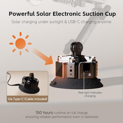 MOVMAX Blade Arm Solar Electronic Suction Cup Mount, Shock Absorber Arm Car Mount for DJI Pocket 4/3, GoPro Hero 13, 360 Action Cameras with Auto Pressure Detection & LCD Display, Pocket 3 Accessories - style: New Solar Suction Mount for Car