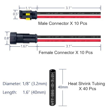 10 Kit 16 AWG 2 Pin Connector Car Waterproof Wire Connectors 2 Pin Automotive Electrical Connectors Quick Disconnect 2 Way Wire Terminal Connector Plug and Heat Shrink Tubing Kit - size: 2pin