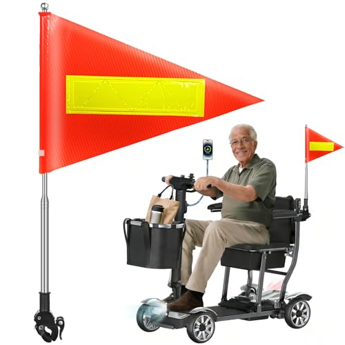 Orange Safety Flag with Reflective Strip and 5.3 Feet Retractable Pole, Orange Warning Flags Suitable for Mobility Scooter, Rollators and Wheelchairs, Set with Pole and Mount for Safety