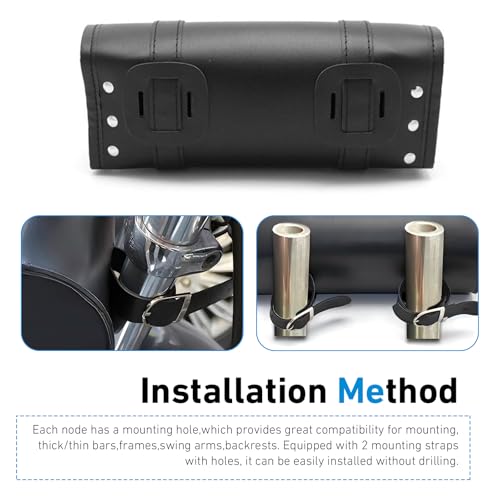 Motorcycle Fork Bag, Waterproof Leather Front Handlebar Saddle Bags, 11.61 x 3.54 x 4.72 Inches Sissy Bar Storage Pouch with Straps, Universal for Most Motorcycles, Bikes (Black)