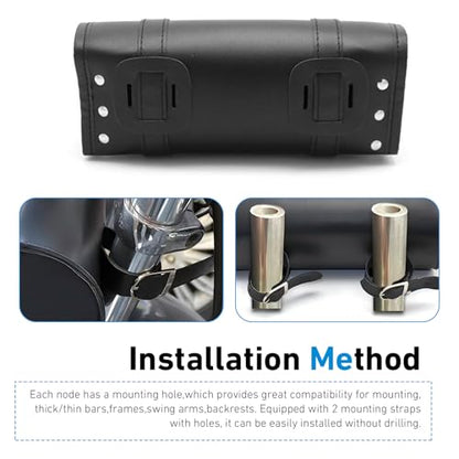 Motorcycle Fork Bag, Waterproof Leather Front Handlebar Saddle Bags, 11.61 x 3.54 x 4.72 Inches Sissy Bar Storage Pouch with Straps, Universal for Most Motorcycles, Bikes (Black)