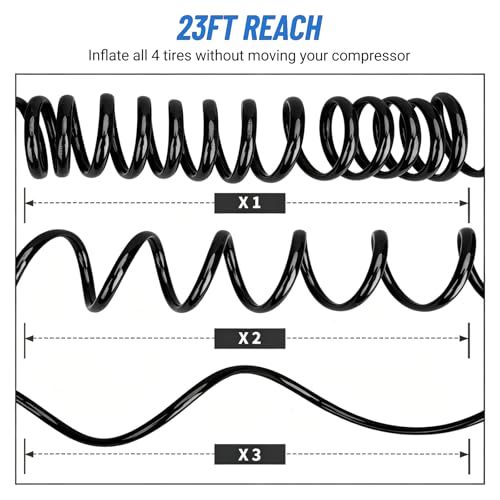 0.3" x 23FT Polyurethane Recoil Air Hose, Black Air Compressor Hose with Bend Restrictor, PS20 Female Plug Inflator Extension Hose with 1/4" Industrial Quick Coupler and Plug - size: 23.4 ft