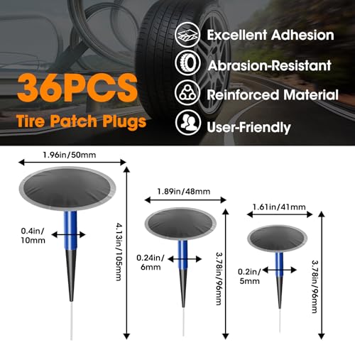 36Pcs Tire Repair Patch Tool Kit, Tire Patch Plugs with Repair Buffing Wheel Patch Roller Tool Inner Liner Scraper for Puncture Car Truck Bus Tractor Vehicle