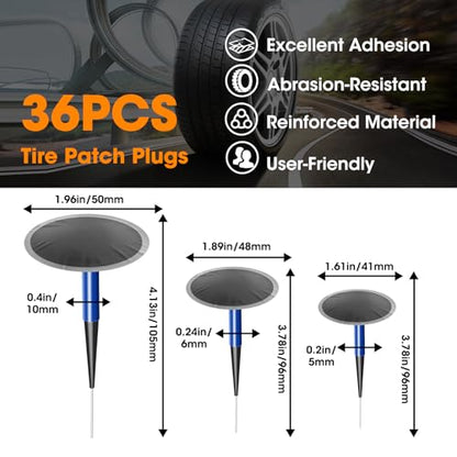 36Pcs Tire Repair Patch Tool Kit, Tire Patch Plugs with Repair Buffing Wheel Patch Roller Tool Inner Liner Scraper for Puncture Car Truck Bus Tractor Vehicle