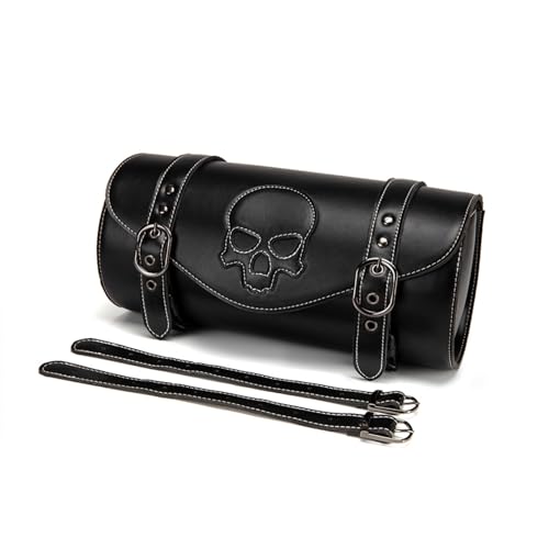 Motorcycle Tool Bag, Black PU Leather, Skull Design, Universal Waterproof Saddlebag for Front Fork Handlebar，Front Fork, Tail Rack (FBG377BK) - color: FBG377BK