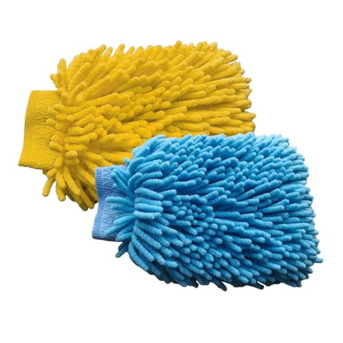 JOYCOURT 2PCS Microfiber Soft Chenille Car Wash Mitts, Scratch and Lint Free Car Dusting Glove, Double Sided Wash Mitt, Ultra Absorbent for Car Washing, Home Cleaning Mitt (Blue&Yellow) - color: Blue&Yellow