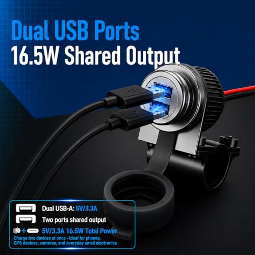Cliff Top Motorcycle USB Charger Waterproof Dual Port 3.3A 16.5W Bike USB Adapter Heavy Duty for 7/8" and 1" Handlebars Motorcycle Charger Socket for 12V Motorbike - size: 3.3A 16.5W Dual USB Charger