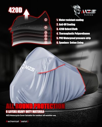 MZS Motorcycle Cover Waterproof Outdoor, Heavy Duty All Season Weather Sun Protection with Storage Bag Vents Night Reflective Cotton Lining Lock Holes fits up to 104" Motorcycles Vehicle Covers - size: XX-Large 104 inches