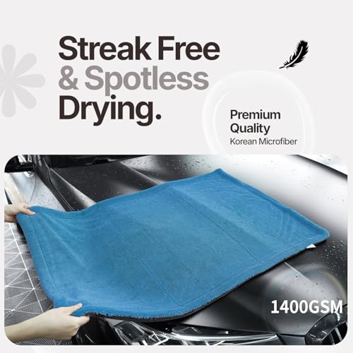 Extra Large Car Drying Towel, 36 Inches, 1300gsm,Super Absorbent Polyamide, Double-Twisted Design - color: Blue and Grey