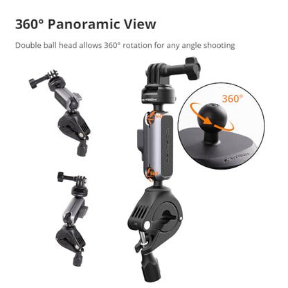 PGYTECH CapLock Quick Release Bike Motorcycle Handlebar Mount, 360°Dual-Ball Rotation, 1/4"-20 Adapter, for DJI OSMO Action 6/5 Pro/4/Pocket 4/3/Xtra Muse/Gopro/Insta360 Ace Pro 2/X5/Luna Ultra, Phone