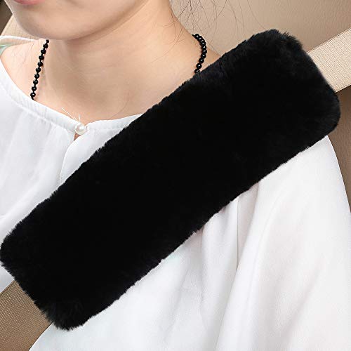 OGLAND Genuine Sheepskin Soft Fuzzy Car Seat Belt Cover Pad, Comfy Fluffy Seatbelt Covers for Shoulder Pad Neck Cushion Protector Car Accessories Woman Man Girl(1Pcs/Black) - color: 1 Pcs Black