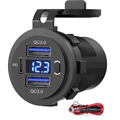 Dual USB Quick Charge 3.0 Port & PD USB C Car Charger Socket, 12V USB Outlet with Voltmeter and Power Switch for Car Boat Marine Truck - color: 2QC+1PD
