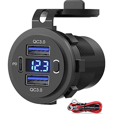 Dual USB Quick Charge 3.0 Port & PD USB C Car Charger Socket, 12V USB Outlet with Voltmeter and Power Switch for Car Boat Marine Truck - color: 2QC+1PD