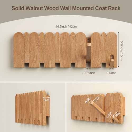 Solid Walnut Coat Rack Wall Mount, 16.5" Wood Wall Mounted Coat Rack with 8 Retractable Hangers,Heavy Duty Wooden Coat Hooks for Hanging Coats,Hats,Robe,Towels,Bags,Key Holder for Entryway,Natural - color: Natural