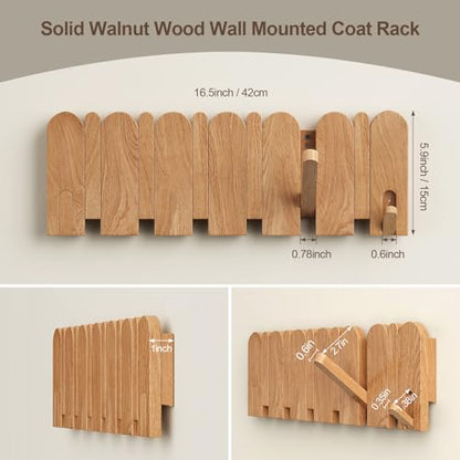 Solid Walnut Coat Rack Wall Mount, 16.5" Wood Wall Mounted Coat Rack with 8 Retractable Hangers,Heavy Duty Wooden Coat Hooks for Hanging Coats,Hats,Robe,Towels,Bags,Key Holder for Entryway,Natural - color: Natural