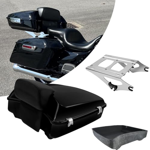 TCT-MOTORPARTS Gloss Black Chopped Tour Luggage Trunk w/Backrest & Mount Rack Fit for Harley Touring 2014-2025 Harley Touring CVO Road Street Special Electra Glide Road King - color: Vivid Black Chopped Trunk+Chrome Rack