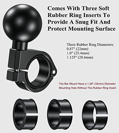 BRCOVAN 1.5'' Ball Mount, Aluminum Alloy Handlebar Clamp Base, Fit for Round Rails 0.875'' / 1'' / 1.125'' / 1.26'' in Diameter, Compatible with RAM Mounts C Size 1.5 Inches Ball Double Socket Arm
