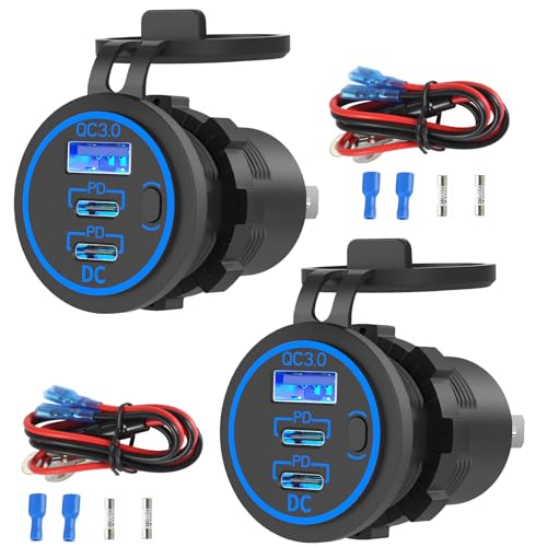 2 Pack USB C Car Charger Socket 12V USB Outlet, 78W Dual 30W PD and 18W QC3.0 Multi Port Cylinder Charger with Button Switch Waterproof for Car Boat RV Marine Golf Cart Truck Bus Motor etc. - color: 2 pack