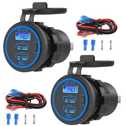 2 Pack USB C Car Charger Socket 12V USB Outlet, 78W Dual 30W PD and 18W QC3.0 Multi Port Cylinder Charger with Button Switch Waterproof for Car Boat RV Marine Golf Cart Truck Bus Motor etc. - color: 2 pack