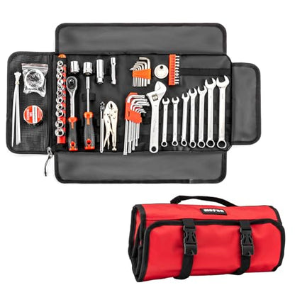 Mofun 64-Piece Motorcycle Tool Kit Universal with Roll Pouch Roadside Travel Wrenches, Ratchet Universal Compatible with Cars Fit Trucks Fit Motorcycles Fit Enduro Dirt Bikes Fit UTVs Fit ATVs, Red - color: Red