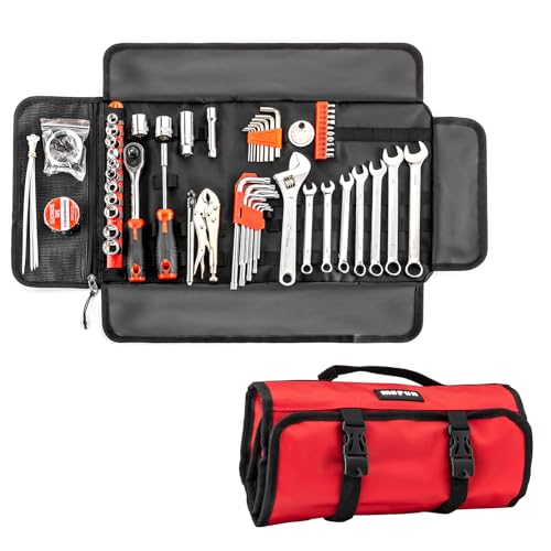 Mofun 64-Piece Motorcycle Tool Kit Universal with Roll Pouch Roadside Travel Wrenches, Ratchet Universal Compatible with Cars Fit Trucks Fit Motorcycles Fit Enduro Dirt Bikes Fit UTVs Fit ATVs, Red - color: Red