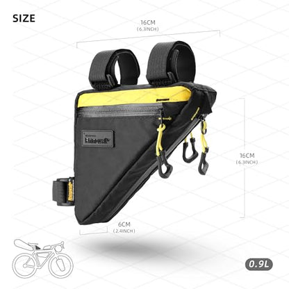 Rhinowalk Bike Frame Triangle Bag, Waterproof Compact Storage Bag with YKK Zippers, Multi-Pocket Design, Doesn’t Rub Legs – 0.9L, Black+Yellow - color: Black+Yellow, 0.9L