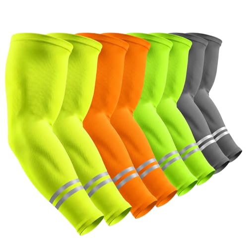 Geyoga 4 Pairs Sun Protection Arm Sleeves for Men Women Reflective UV Protective Arm Cover for Basketball Outdoor Sports - color: Green, Yellow , Orange,gray