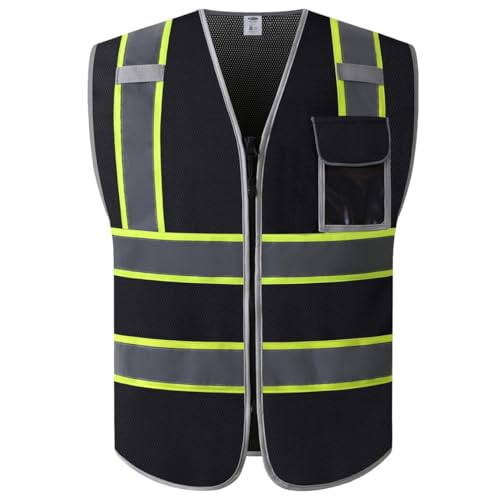 JKSafety Hi-Vis Multiple Pockets Lite MESH Lining Meets ANSI/ISEA Standards - color: Black Yellow Strips, size: XX-Large