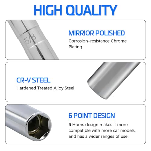 A ABIGAIL 5/8" Swivel Magnetic Spark Plug Socket 3/8 Inch Drive x 6" Total Length 6-Point 360 Degree Swivel Thin Wall Spark Plug Socket Removal Tool Cr-V Steel - size: 5/8”-6inch