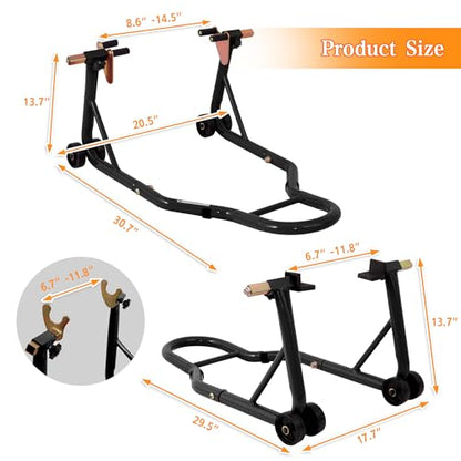 Motorcycle Front and Rear Stand Combo 850 lb Capacity Universal Paddock Stand with Adjustable Fork Widths Heavy Duty Wheel Lift Stand for Sport Bike Cruiser E-Bike